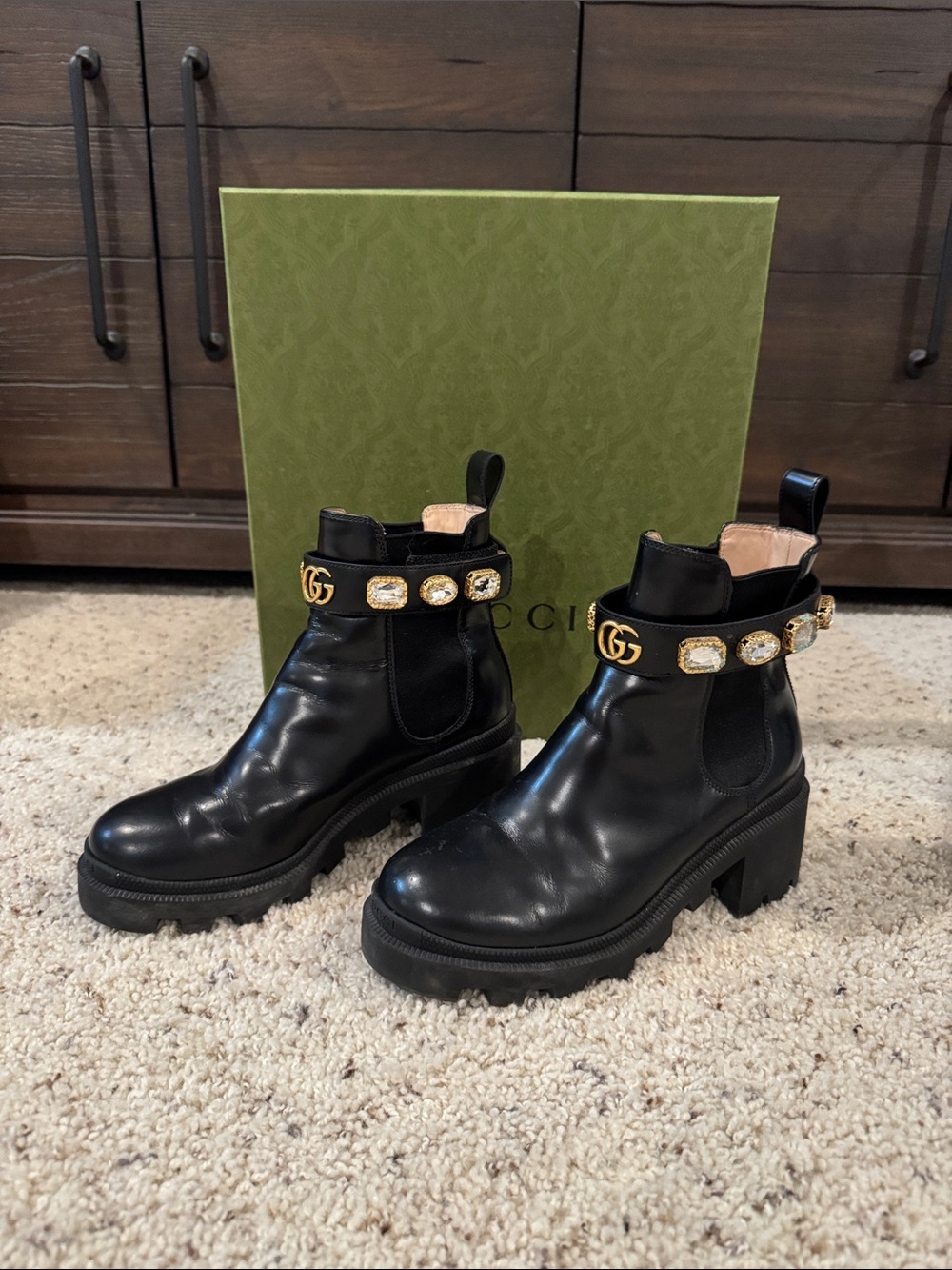Gucci Black Leather Crystal-Trim Lug Sole Ankle Boots